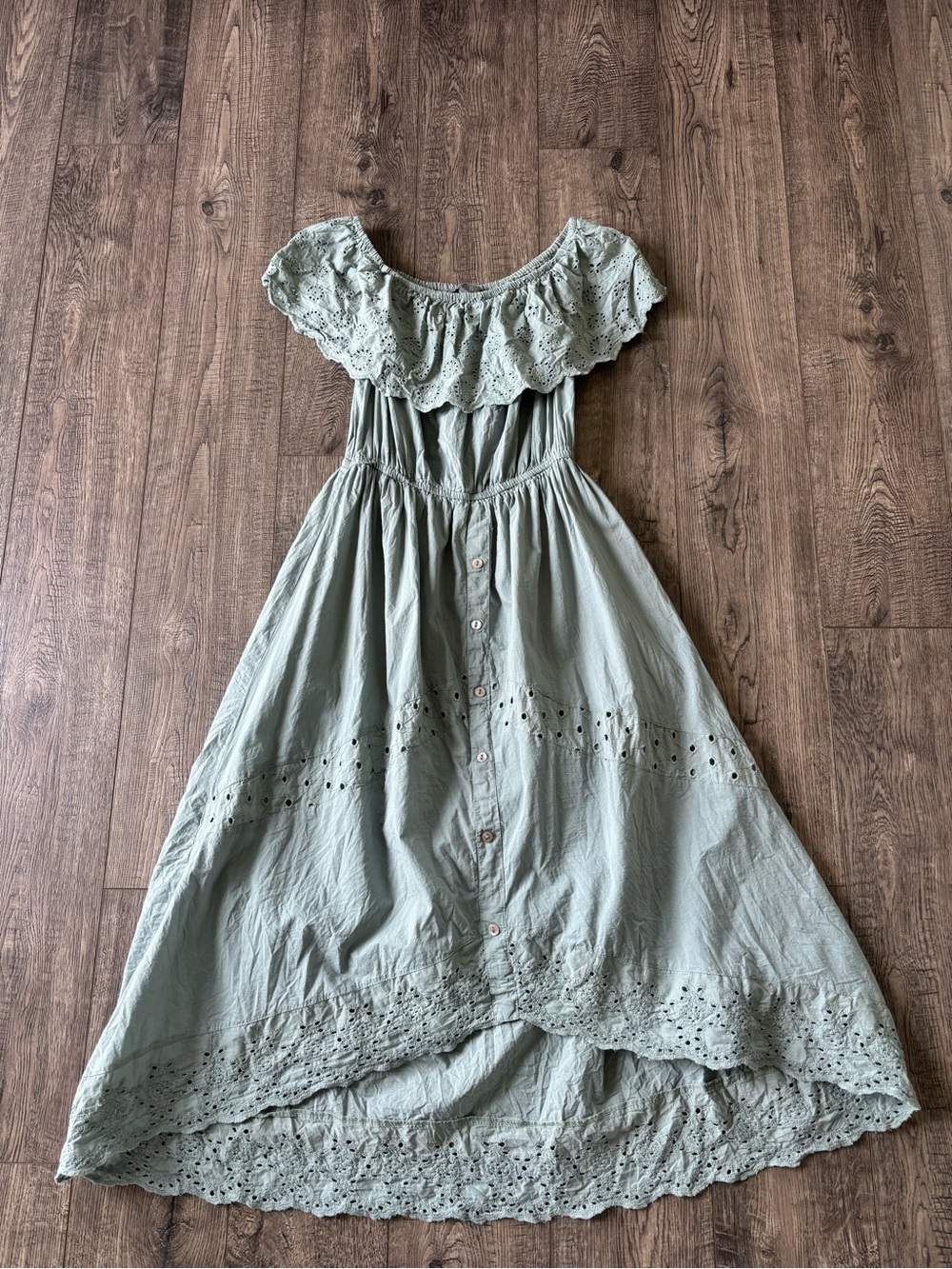 Off-Shoulder Eyelet Midi Dress in Sage Green - Picture 4 of 11